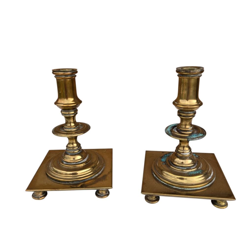 Vintage Two Brass Candleholders Square‎ Base Footed MCM. DAMAGED!